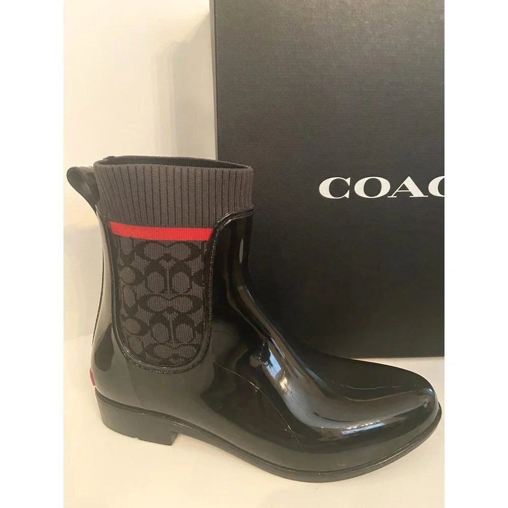 COACH Women's Waterproof Short Logo Stretch Pull‑On Ankle Rain Booties Size 8